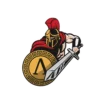 Logo représentant un guerrier spartiate stylisé. Il porte un casque doré à crête rouge, une cape rouge et tient un bouclier rond orné de motifs grecs avec la lettre Λ (lambda) au centre. Dans son autre main, il brandit une épée argentée. L'illustration est dynamique avec un contour blanc et noir pour un effet d'autocollant.