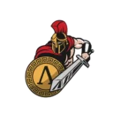 Logo représentant un guerrier spartiate stylisé. Il porte un casque doré à crête rouge, une cape rouge et tient un bouclier rond orné de motifs grecs avec la lettre Λ (lambda) au centre. Dans son autre main, il brandit une épée argentée. L'illustration est dynamique avec un contour blanc et noir pour un effet d'autocollant.